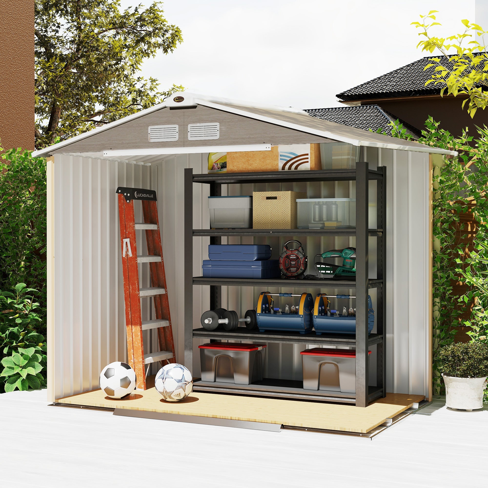 Outsunny 7 x 4ft Metal Garden Storage Shed with Vents, Floor Foundation Kit and Lockable Double Doors, Light Brown